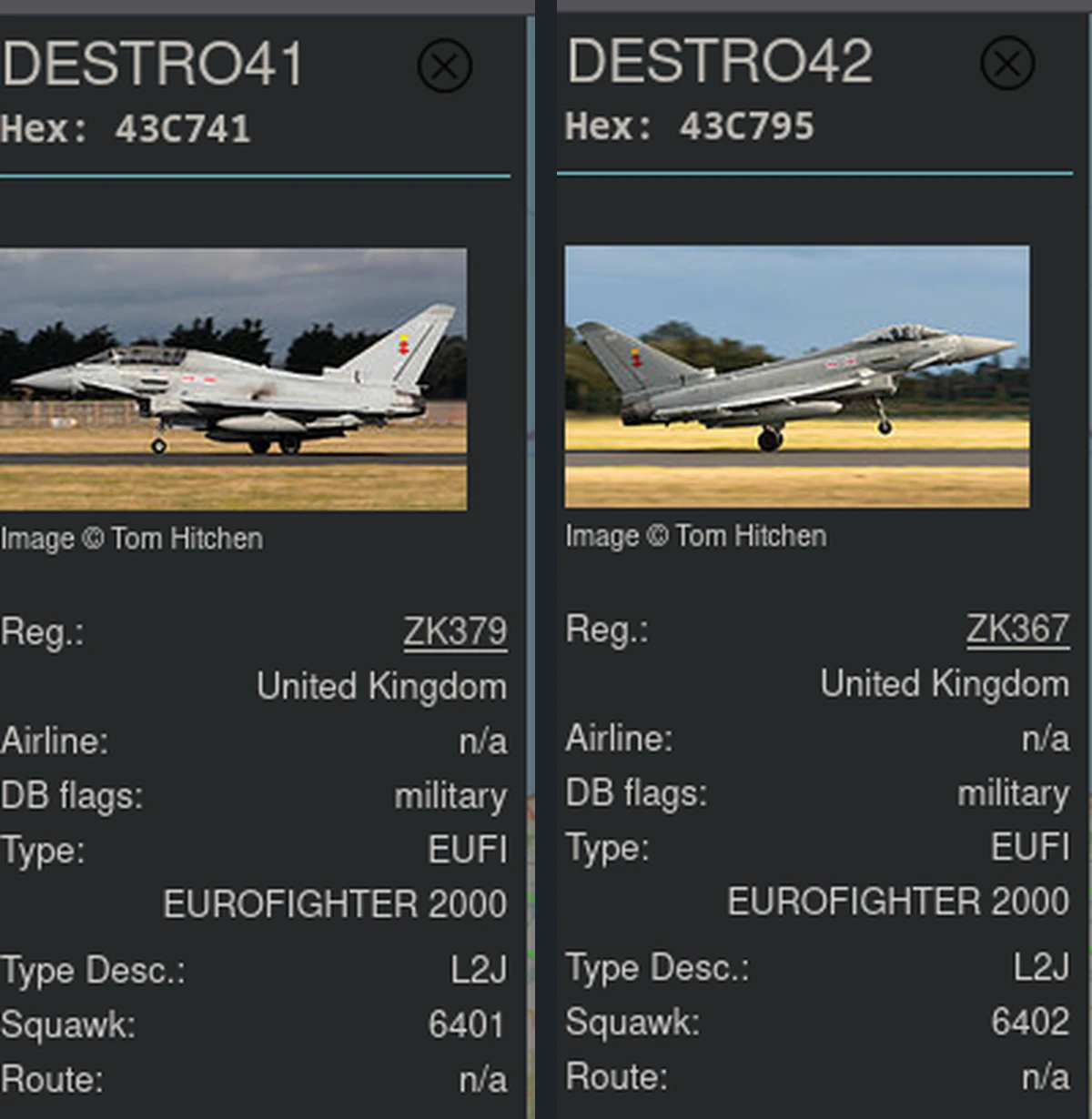 Aircraft panels identifying DESTRO41 and DESTRO42 as military Eurofighters