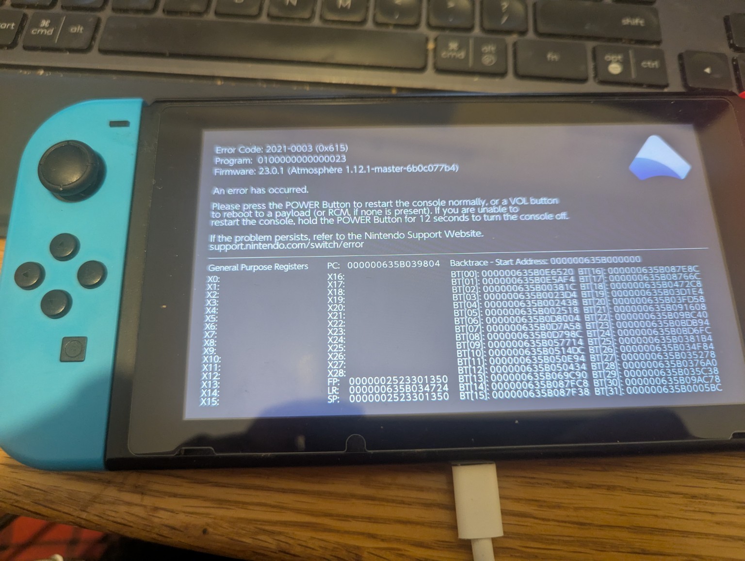 Atmosphère 1.12.1 crash screen showing error 2021-0003 and program 0100000000000023