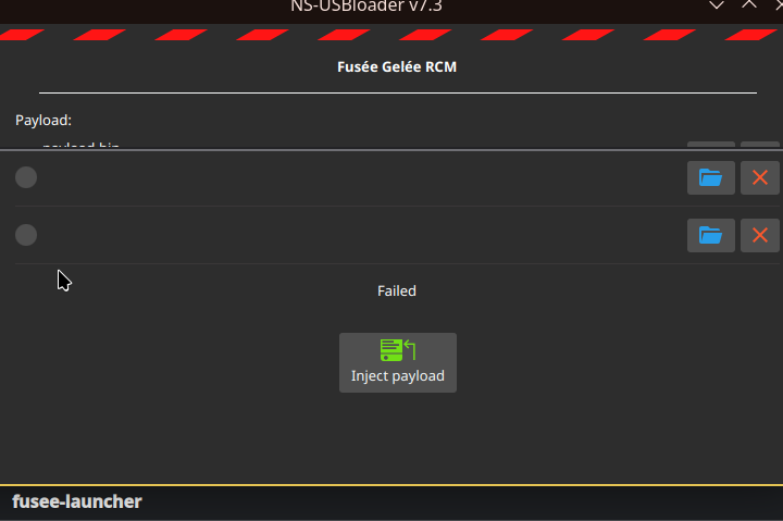 NS-USBloader 7.3 showing a failed payload-injection attempt