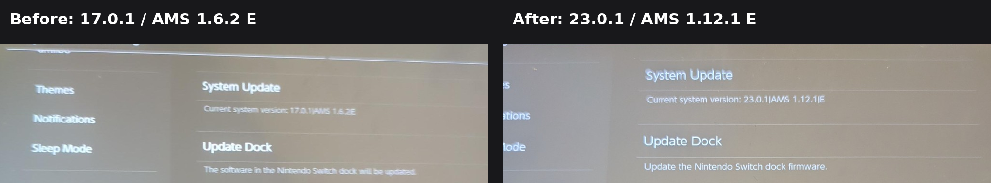 Nintendo Switch custom firmware version comparison from before to after the upgrade